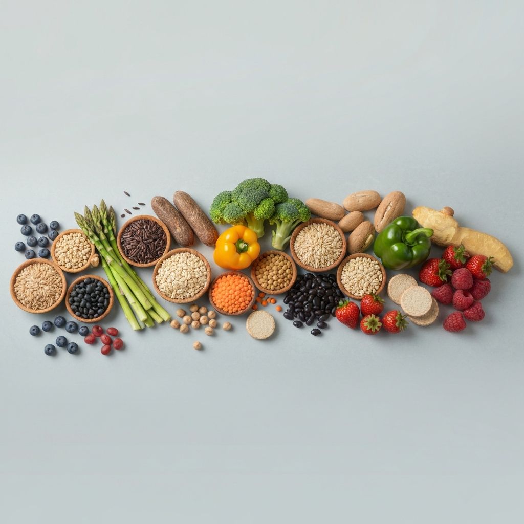 Fiber-rich foods including grains, legumes, and vegetables