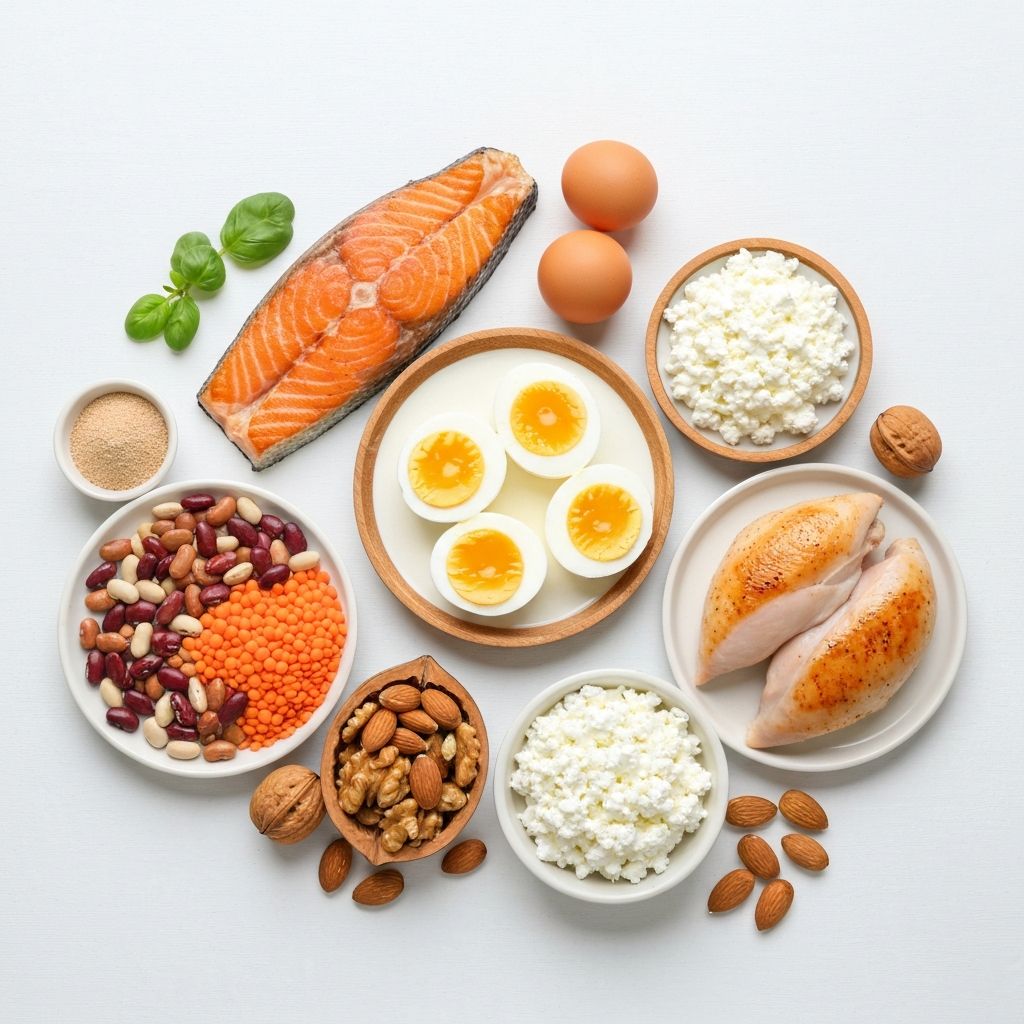 Protein-rich foods including fish, eggs, legumes, and nuts