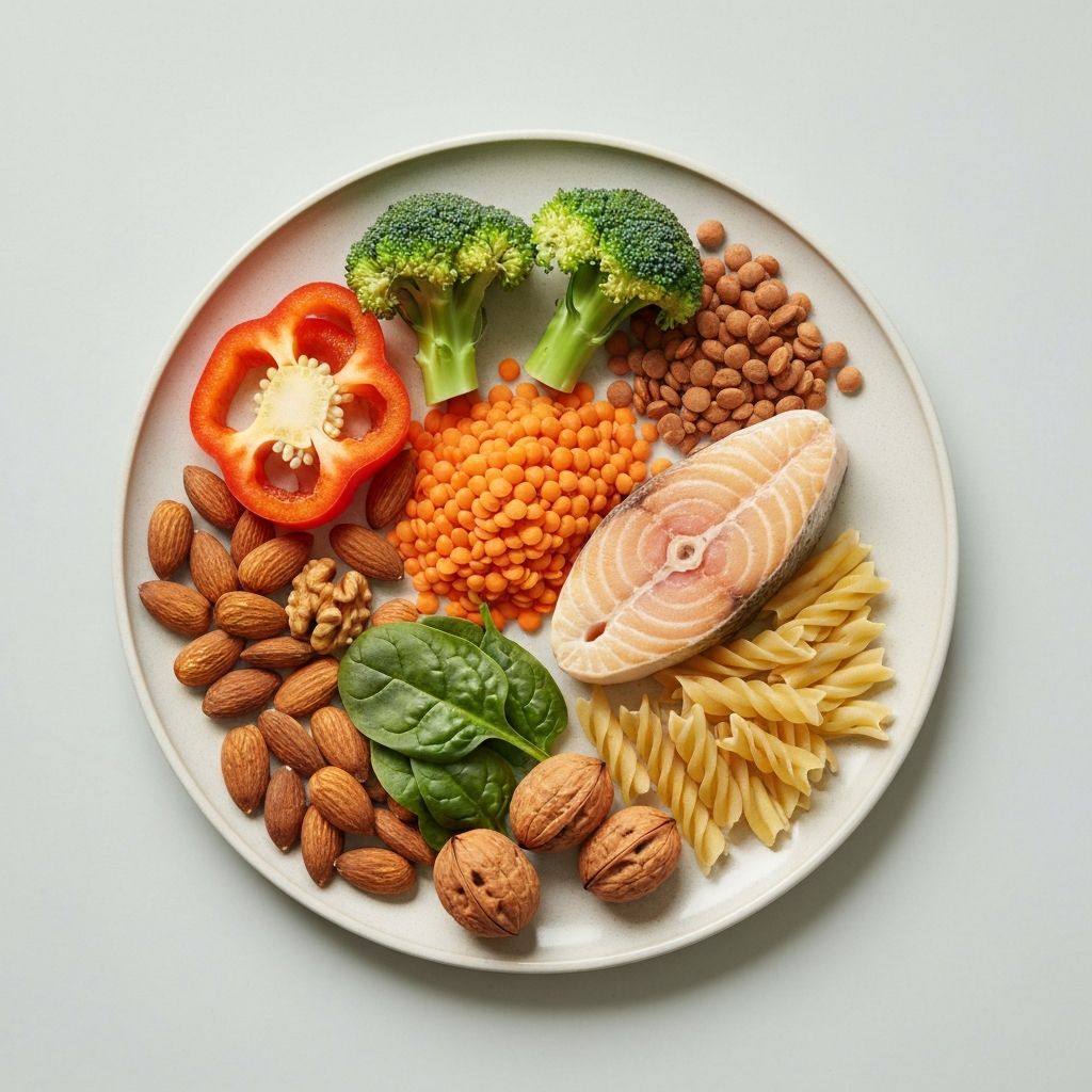 Plate with varied foods showing protein, carbs, and fats